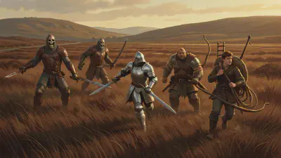 Three skeletal warriors in rusted chainmail rise up out of the long moor grass with corroded shortswords drawn, late-afternoon sun behind them. In the foreground the party turns to flee across the moor: Bancroft in shining plate, Irulan in plate, Anister with longbow, and Willow with the coiled rope ladder on his back.