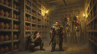 A subterranean columbarium with stacked alcoves of clay funerary urns rising twenty feet to the ceiling. In the foreground Anister hunches retching against a pillar; Irulan stands with a burlap cloth tied around her nose and mouth, her shield held tight, peering toward the back. In the deeper shadow at the rear of the room two long-dead adventurers are impaled on rusted spears against the wall, half-eaten, the source of part of the smell. Torchlight is dim and yellow.