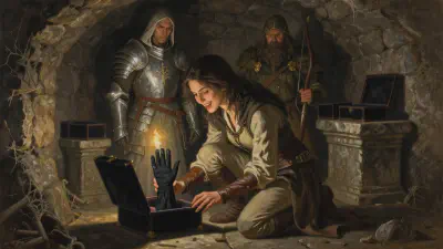 In a cramped stone crypt lit by a single torch, Clarice -- a dark-haired noblewoman in travel-worn finery -- crouches over an open black velvet box on the floor. Inside lies a right-handed black glove standing upright as if worn by an invisible hand, with two stitched demonic eyes over the far knuckles. Her face is delighted; behind her Bancroft in plate and Anister with a longbow look on warily.