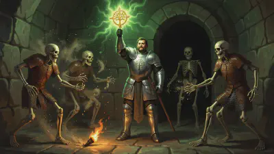 A human cleric in plate armor, Bancroft, stands with one arm raised holding aloft a holy symbol that blazes with green light in a dark stone barrow chamber. All around him skeletons are crumbling to powder and motes, their bones dissolving into nothing. A relit torch burns to one side. His face is set and plain, not triumphant -- a workman doing the work he is for.