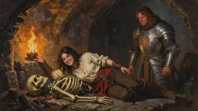 Clarice sprawled over a charred corpse on a stone slab, one arm reaching behind it, giving Bancroft a guilty grin.