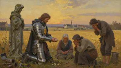 Bancroft kneels among poor farmers at a weathered statue of a hunter in a field outside town, at dusk.