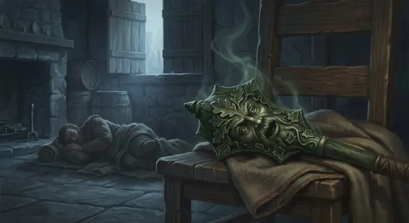 The Green Way mace, carved with a Green Man’s face, slipped from its blanket on a chair in a dim dawn room, thin smoke rising, while Bancroft sleeps on the floor.