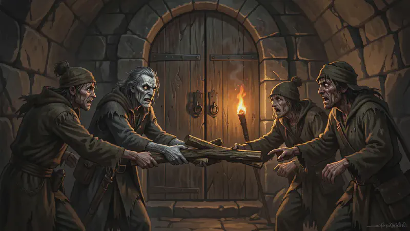 A wild-eyed man hands split firewood to four ragged tomb robbers before a closed stone door, a single torch guttering low between them.