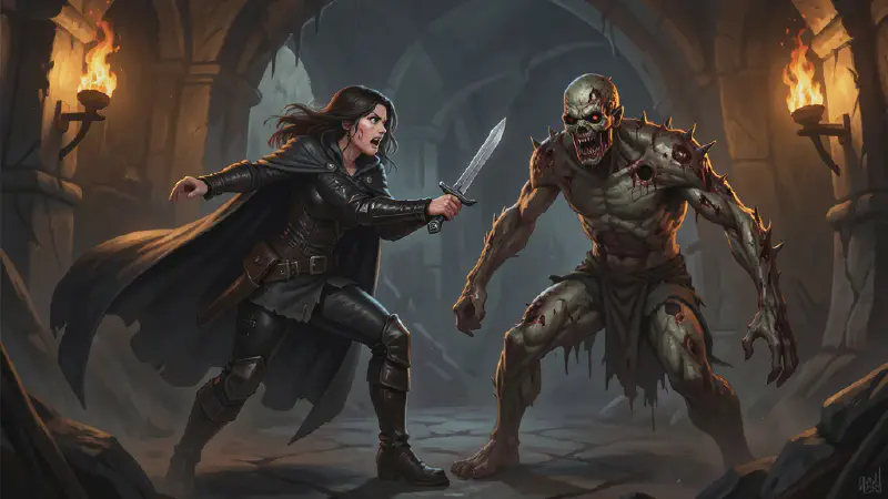 A woman thief in dark leathers makes a desperate last stand with a short sword against a shambling rotted zombie in a torch-lit barrow chamber.