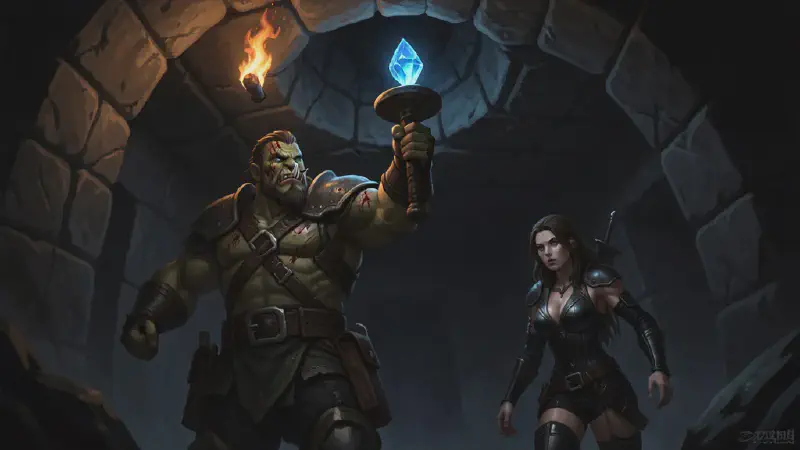 A tall half-orc strains to lift a guttering torch toward a dark niche high in a barrow ceiling where a gemstone glints, a woman thief watching from below.