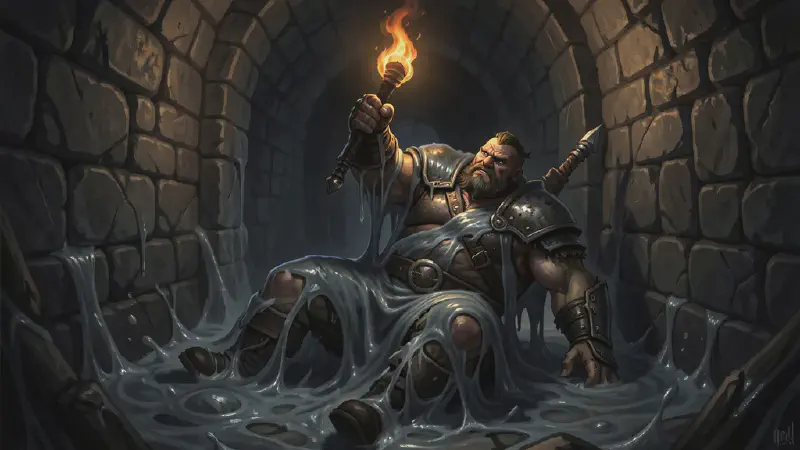 A grey ooze surges over a broad-shouldered half-orc mercenary as he holds a torch aloft in a cramped barrow corridor, the man going down in the dark.
