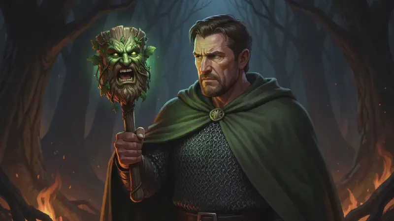 By firelight a broad-shouldered man in chain mail and a green cloak holds up a wooden mace carved with a Green Man’s face, its mouth open, faint green glow about it, while the dark forest presses in behind.