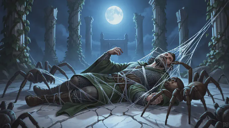 A broad-shouldered man in chain mail and a green cloak lies paralyzed and half-wrapped in spider silk on cracked white marble under moonlight, giant spiders tearing the webbing away, ancient ivy-grown elven ruins rising behind him.