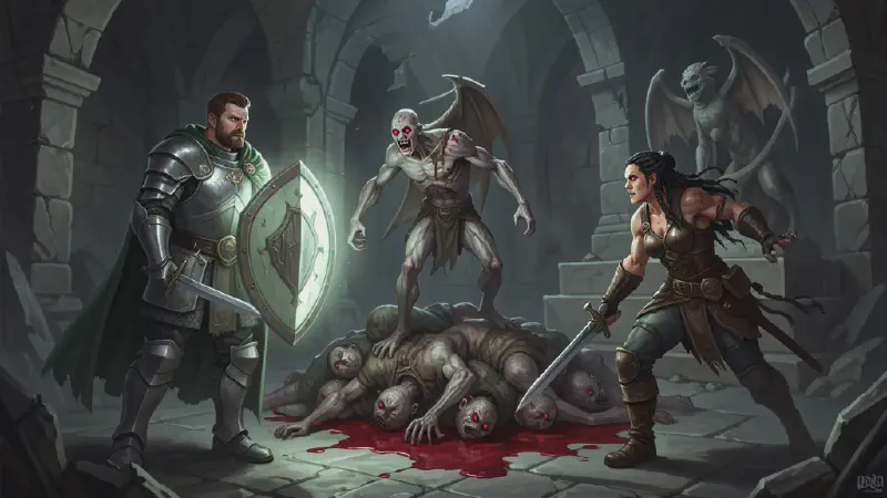 A broad-shouldered man in full plate armor and a green cloak stands with a glowing shield raised in a ruined stone crypt chamber, facing a gaunt red-eyed zombie standing atop a heap of corpses; a half-orc woman with dark braided hair closes in from the side with a longsword.