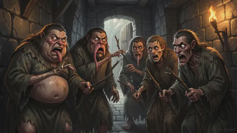 Five or six deformed mongrel-folk in tattered robes huddle together in a dark stone chamber, one obese, one with grotesquely long lips, one with bone spurs breaking through the skin of his arms, all shrinking back from a torch held in an open doorway and jabbing short sticks toward the light.